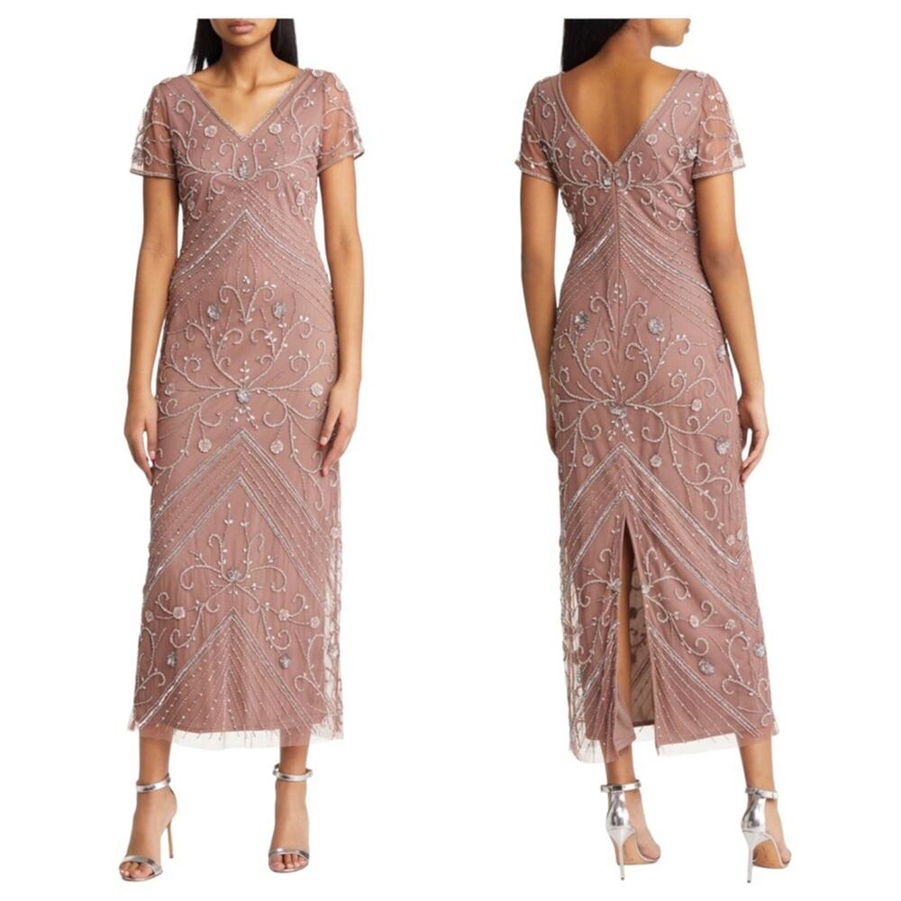 Pizarro Nights Beaded Mesh Overlay Cocktail Dress Mauve 4 NWT